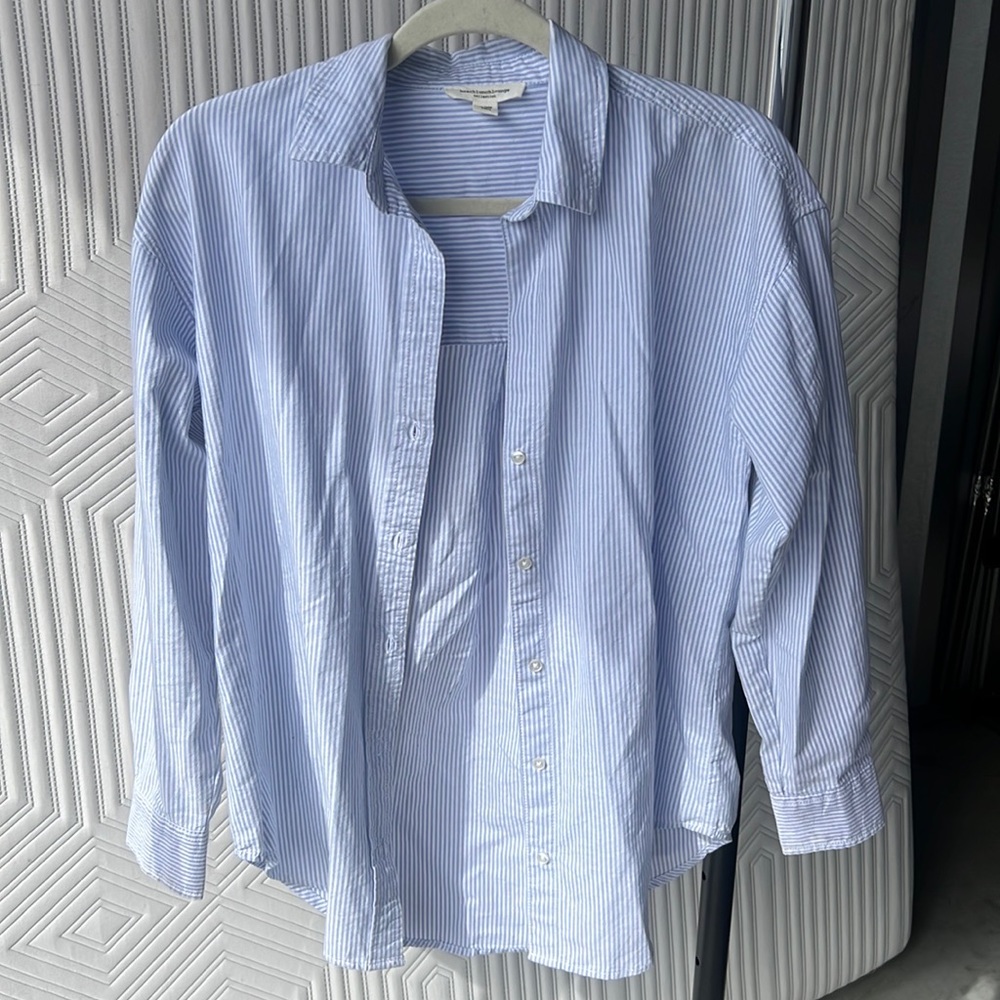 Blue and white pinstripe button down shirt